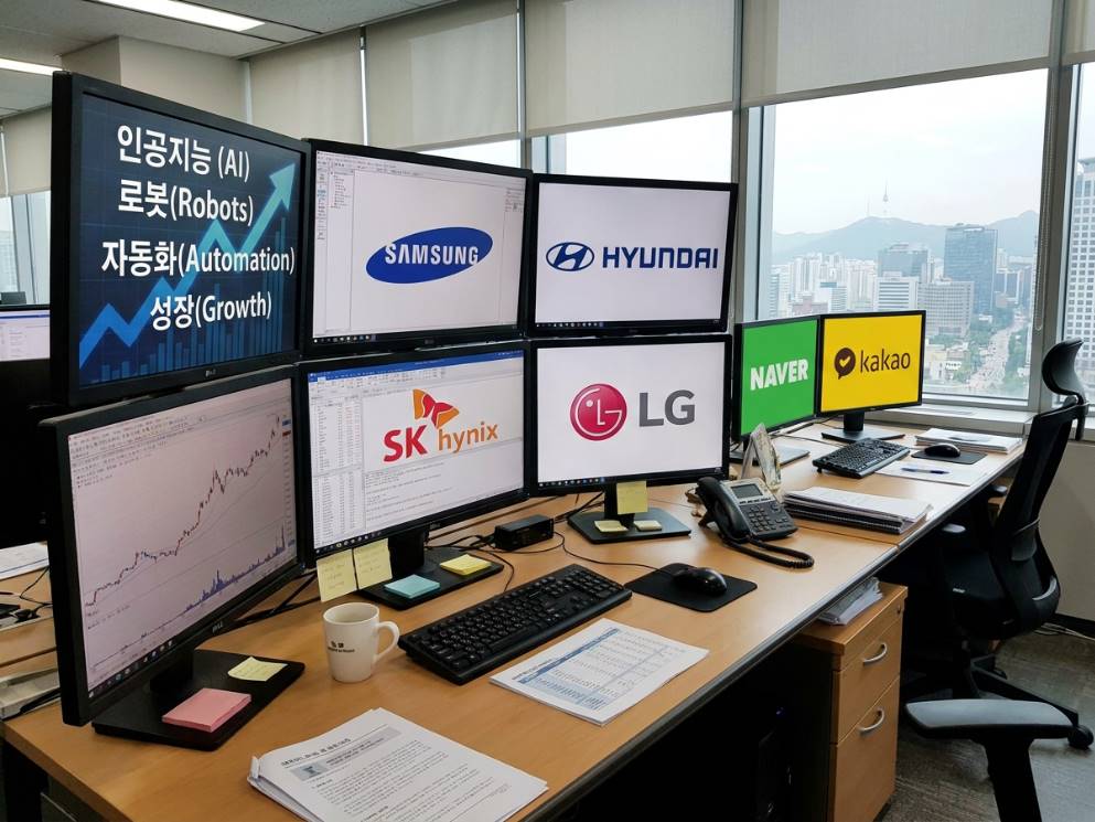 증권사 리서치 데스크 위에 한국 주요 기업 로고가 띄워진 멀티 모니터, 상승 추세 차트와 AI&middot;로봇 관련 키워드가 겹쳐진 투자 분석 일러스트