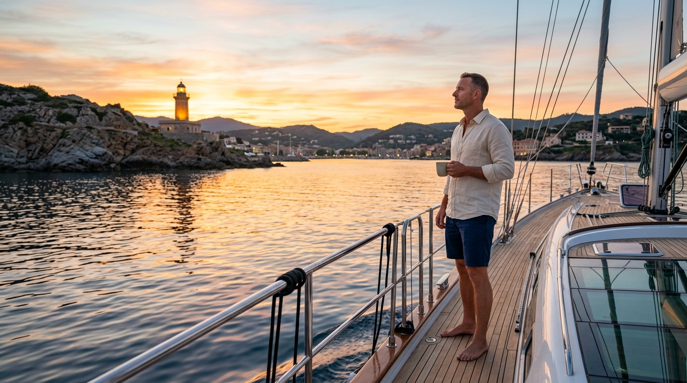 거친 파도를 넘어 평온한 은퇴의 항구(10억 자산)에 도착해 여유롭게 일출을 감상하는 투자자의 모습