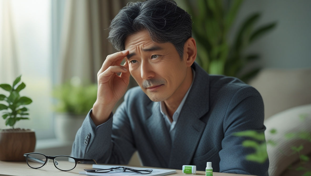 남성이 약간 걱정스러운 표정으로 눈가를 만지는 모습