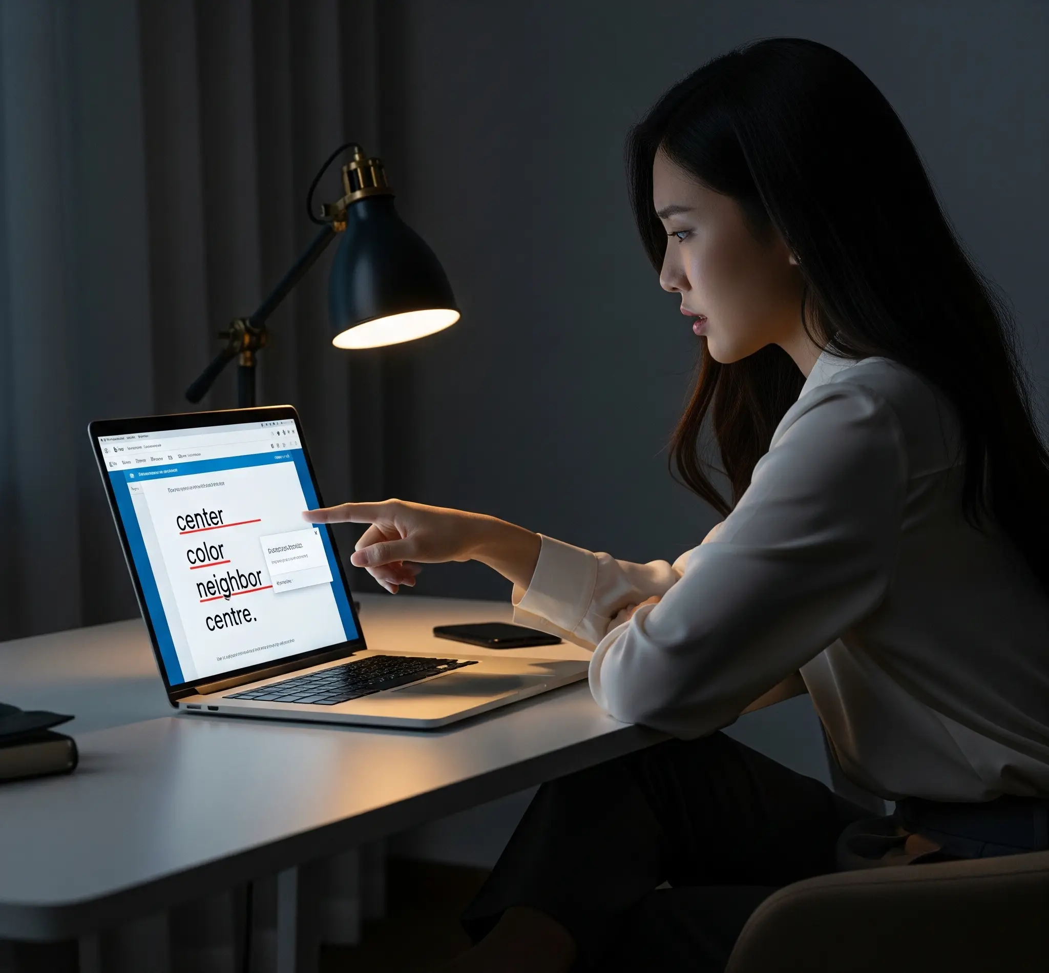 캐나다 오피스에서 노트북으로 이메일을 쓰던 중, 자신이 쓴 'center', 'color', 'neighbor'라는 단어에 모두 빨간 줄이 그어진 것을 보고 당황하는 한국인