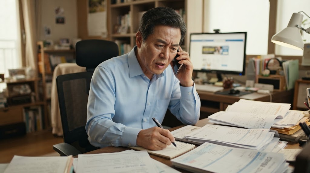퇴직 후 국민건강보험공단에 전화를 걸어 담당자와 통화를 하고 있는 남성