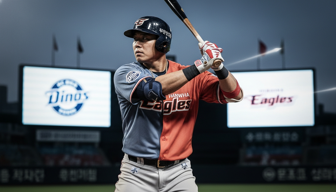 NC 다이노스와 한화 이글스 유니폼이 합쳐진 옷을 입고 방망이를 든 손아섭 선수가 결연한 표정으로 서 있는 모습. 2026년 FA 시장의 긴장감을 나타냄.