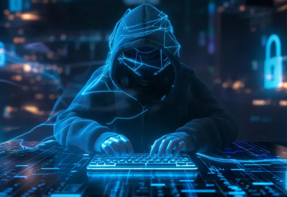 후드옷 모자를 쓰고 얼굴이 감춰지 남자가 키보드를 사용하는 모습