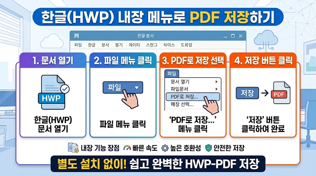 한글 프로그램에서 다른 이름으로 저장하기를 통해 PDF 형식으로 선택하는 화면