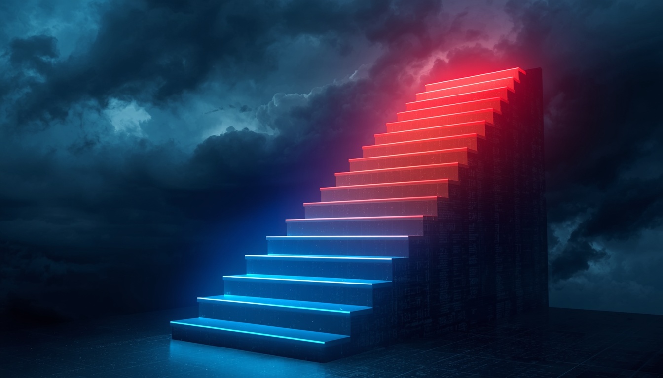 A 3D staircase with eight glowing steps progressing from blue to red, symbolizing the escalation of central bank liquidity interventions.