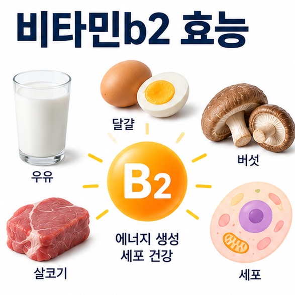 비타민b2 효능 문구와 리보플라빈 에너지 대사를 상징하는 음식과 세포 아이콘 인포그래픽