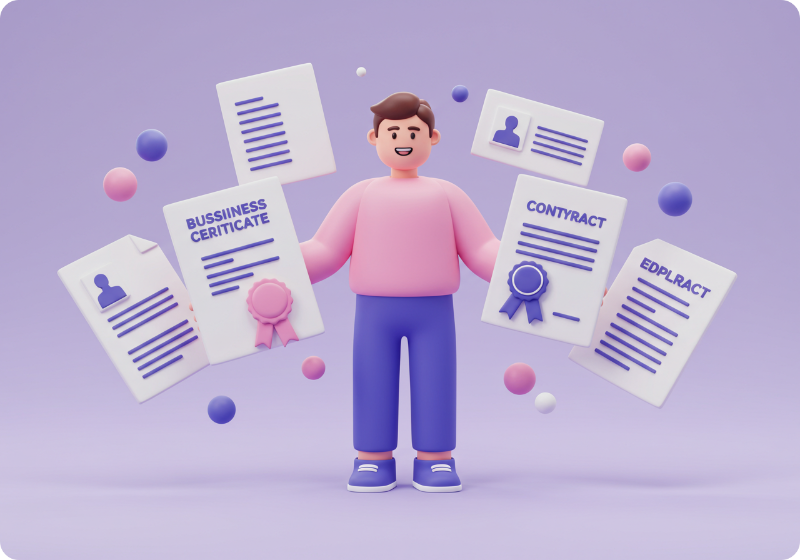 사업자등록증과 근로계약서를 동시에 들고 있는 프리랜서의 3D 아이콘 일러스트로, 사업자와 근로자의 이중 신분을 시각적으로 표현한 이미지