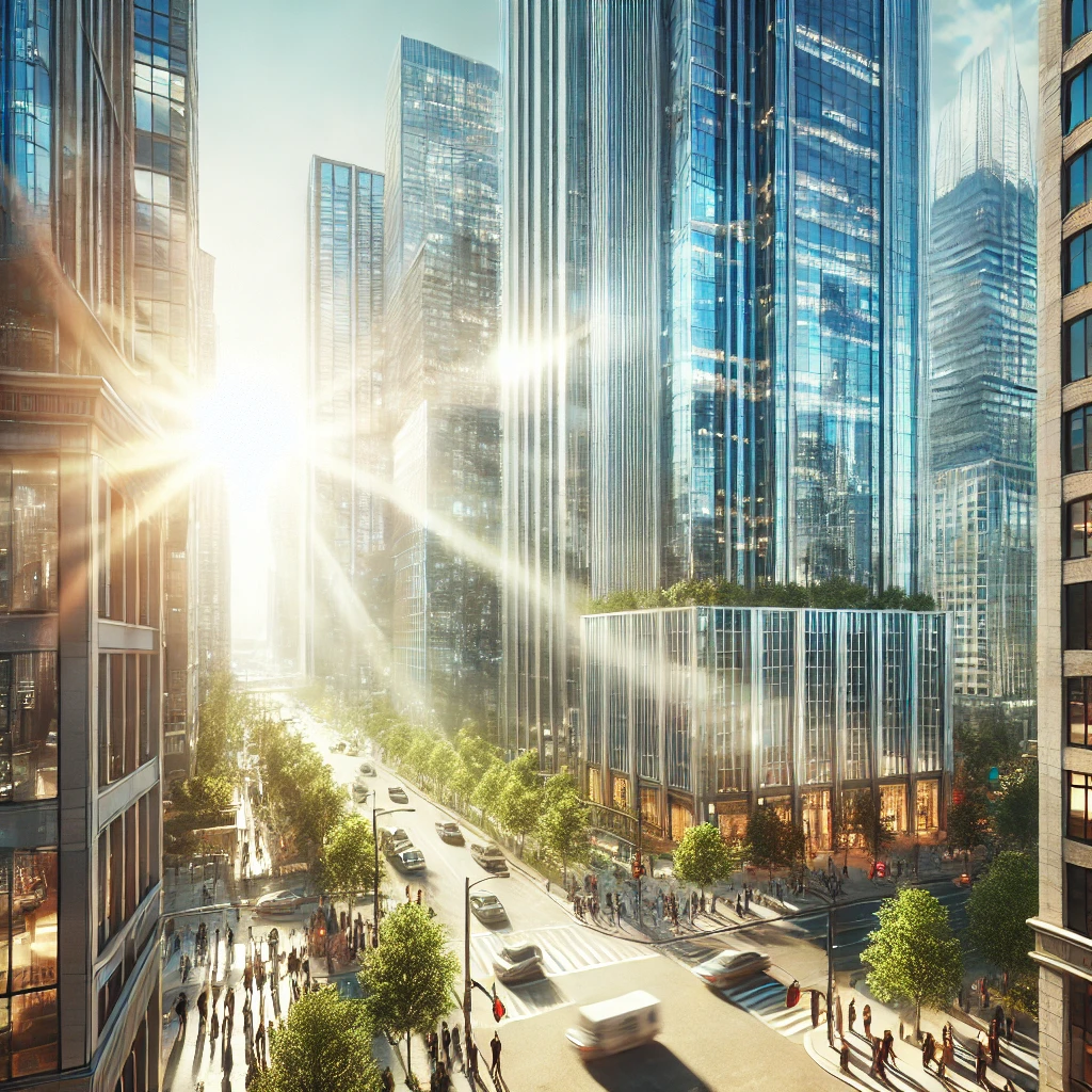 햇살 아래 번영하는 현대 도시의 모습