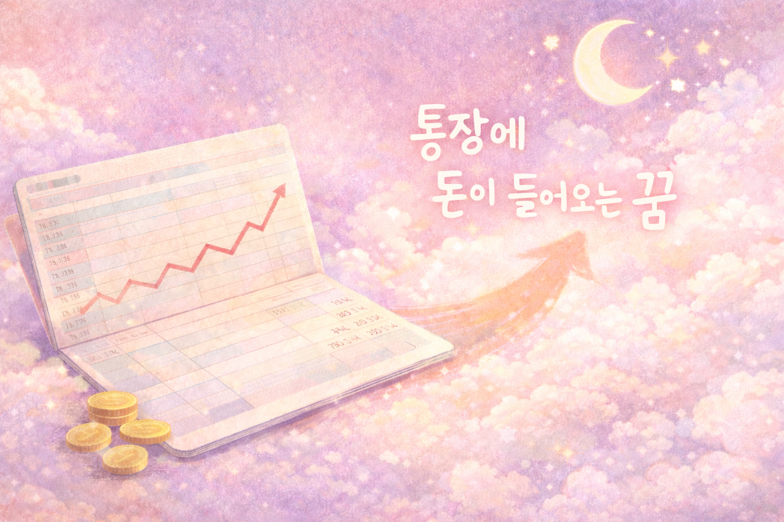 연보라 파스텔 배경에 통장과 상승 흐름을 그린 통장 입금 꿈 일러스트