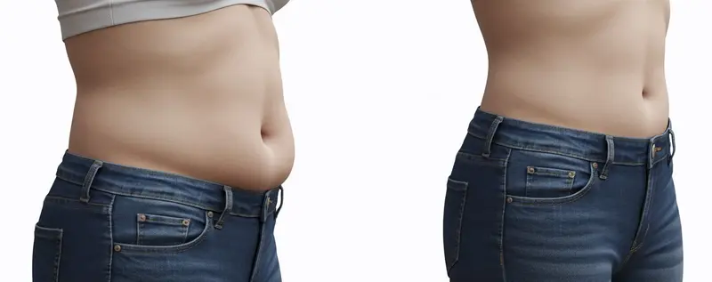 Wegovy 비만 치료제 복용 전후 체중 감량 효과 비교 이미지. 복부 지방 감소를 보여줍니다