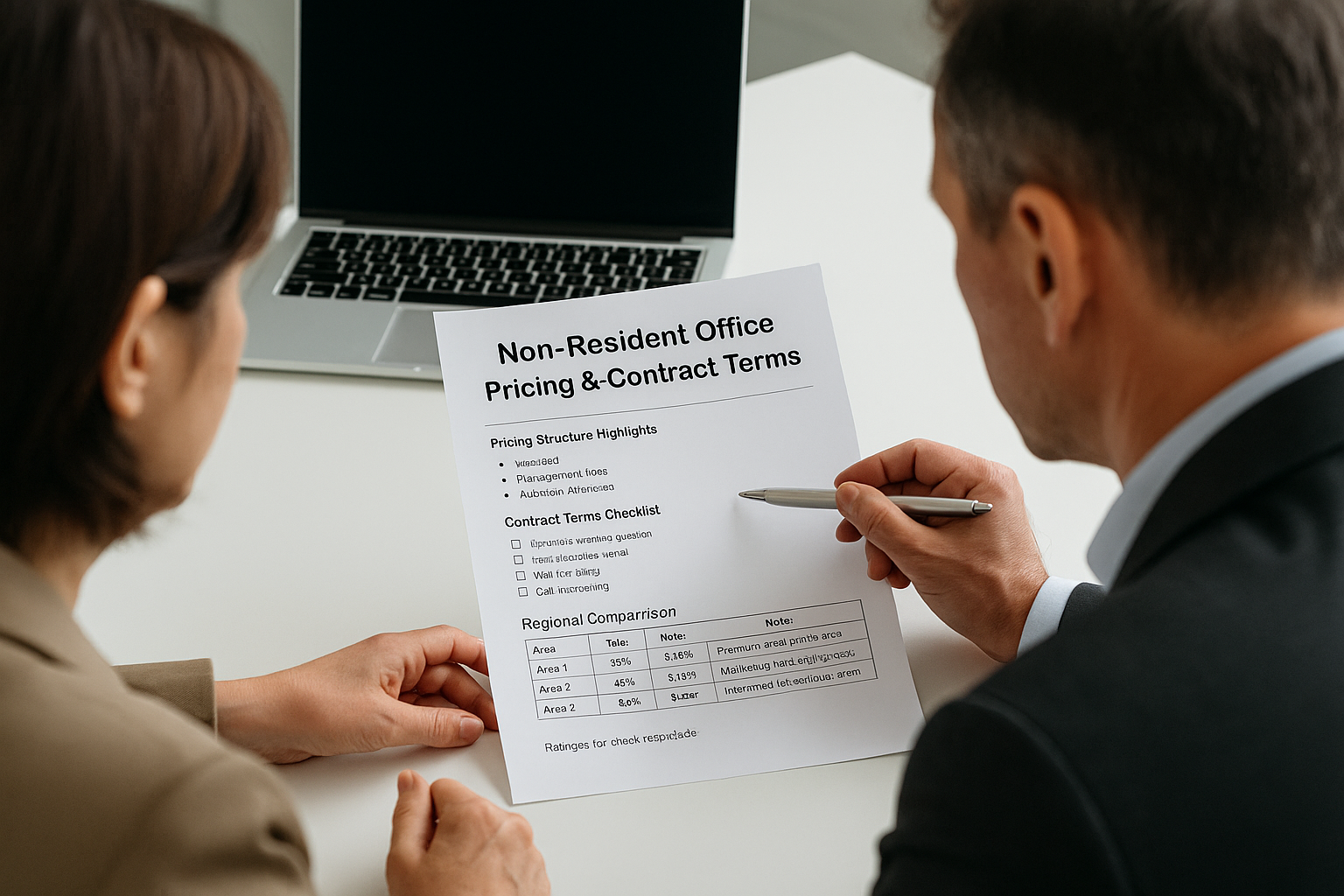 두 명의 비즈니스 전문가가 비상주사무실 계약 조건과 지역별 가격 비교 자료를 확인하고 있는 모습 &ndash; 사무실 계약 전 실무 검토 장면