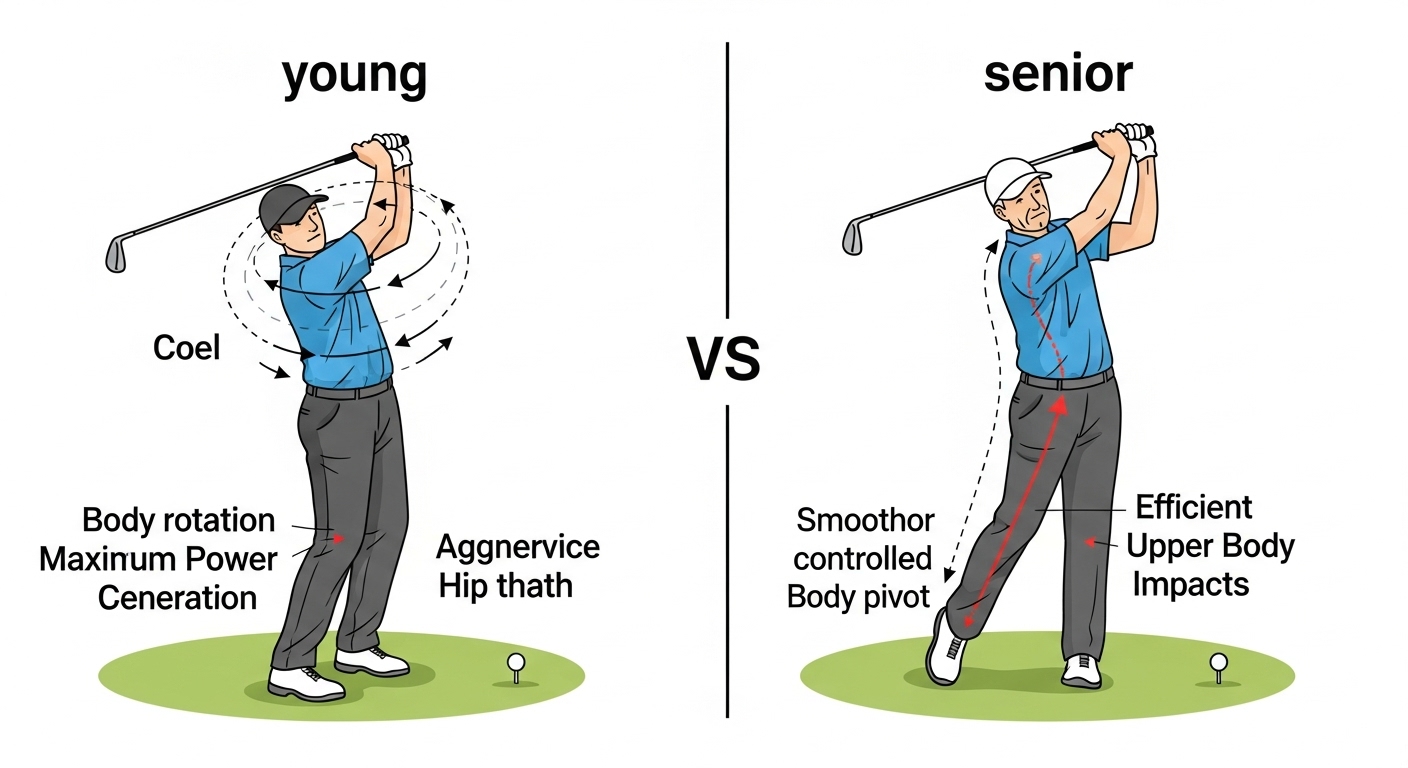 젊은 골퍼와 시니어 골퍼의 스윙 자세를 비교하여 보여주는 그림