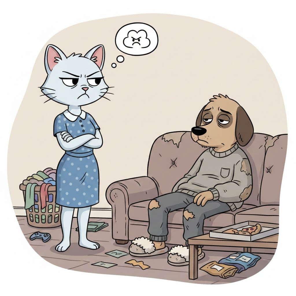 2D 만화 스타일의 그림. 거실 소파에 초췌한 모습으로 늘어져 있는 강아지 캐릭터와 그를 못마땅한 표정으로 바라보는 고양이 캐릭터가 그려져 있습니다. 강아지는 구멍 난 옷을 입고 다크서클이 짙은 피곤한 얼굴이며, 고양이는 깔끔한 원피스 차림에 팔짱을 낀 채 화난 표정을 짓고 있습니다. 주변에는 먹다 남은 피자 상자와 옷가지들이 어질러져 있어 두 캐릭터 사이의 갈등 상황을 보여줍니다.