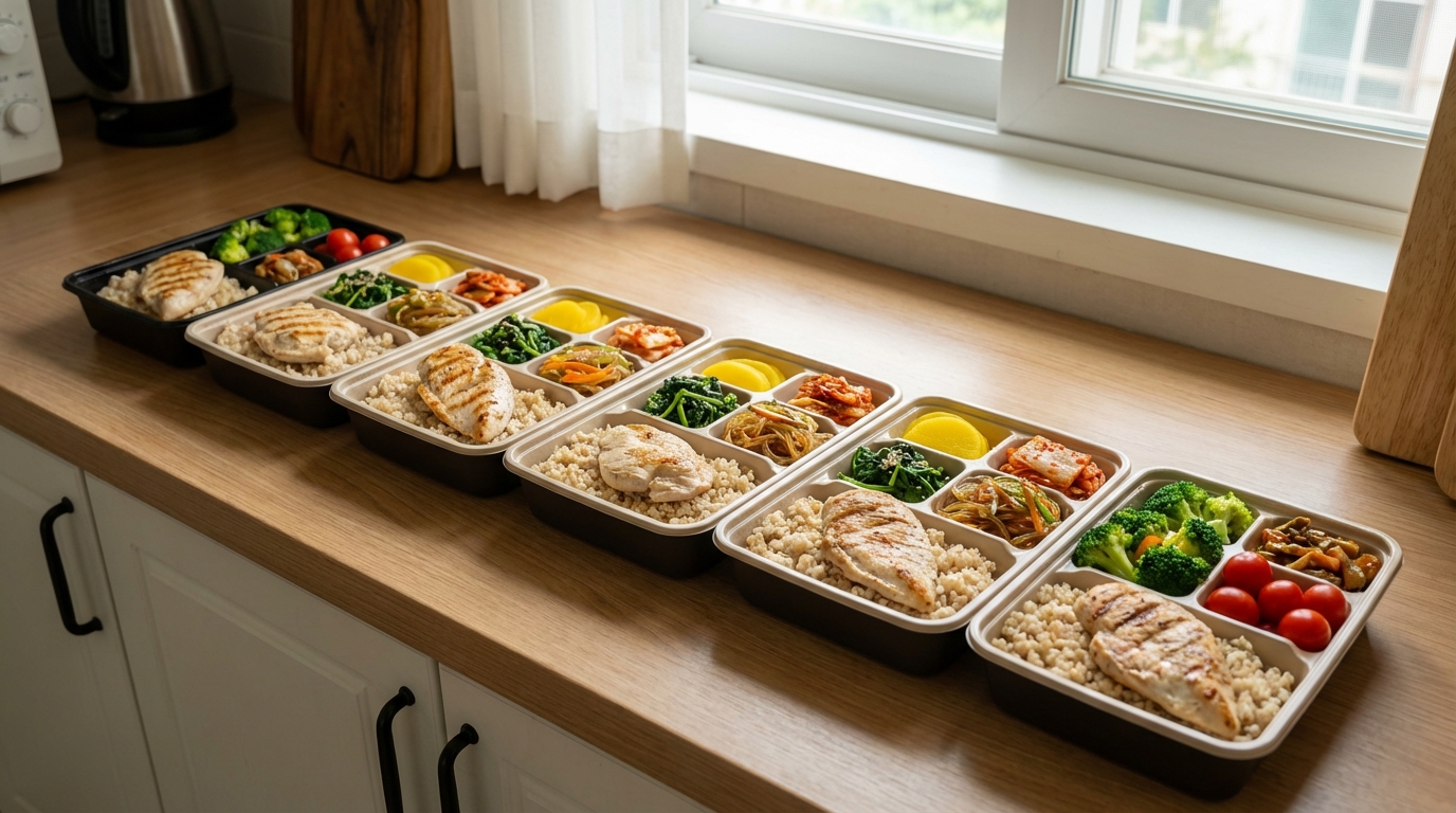 요요 방지를 위해 일주일치 다이어트 도시락을 미리 준비하여 정갈하게 놓아둔 모습