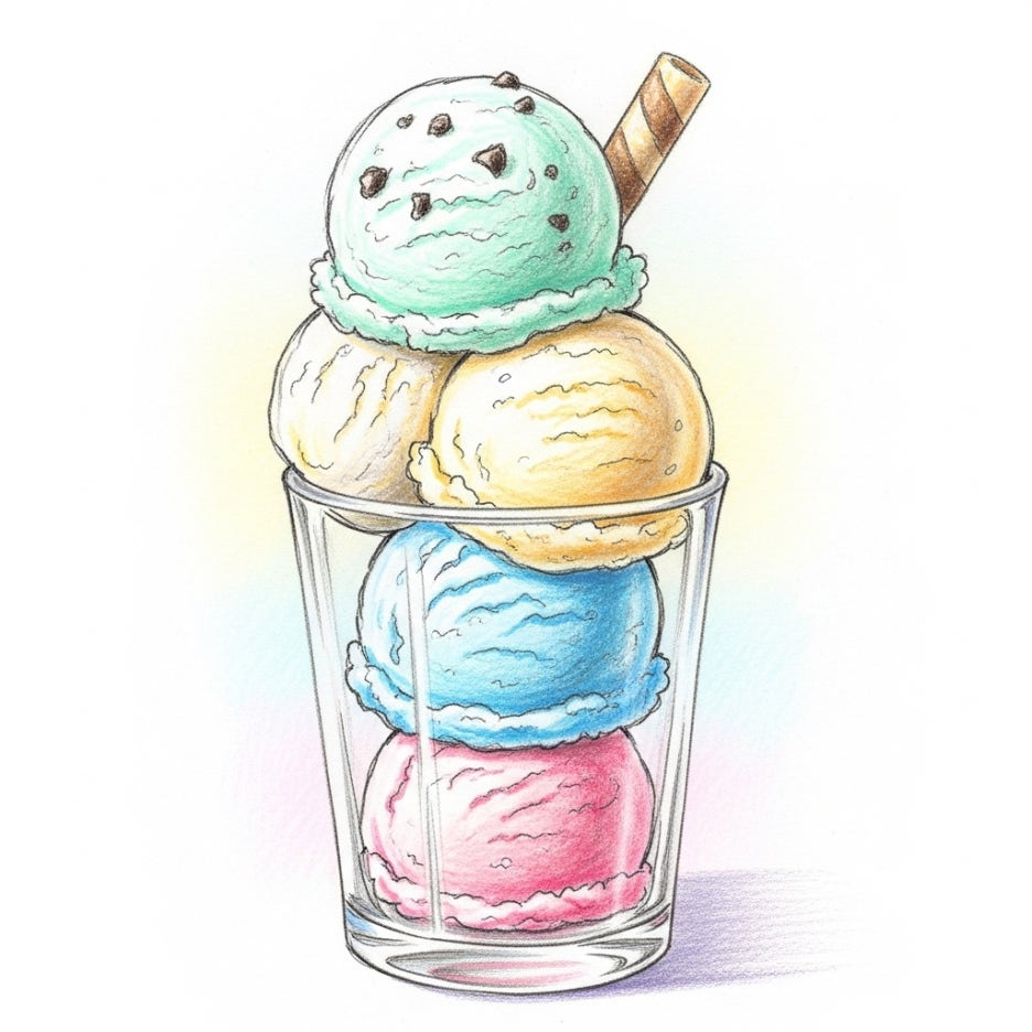 다양한 아이스크림이 담긴 유리컵 수채화