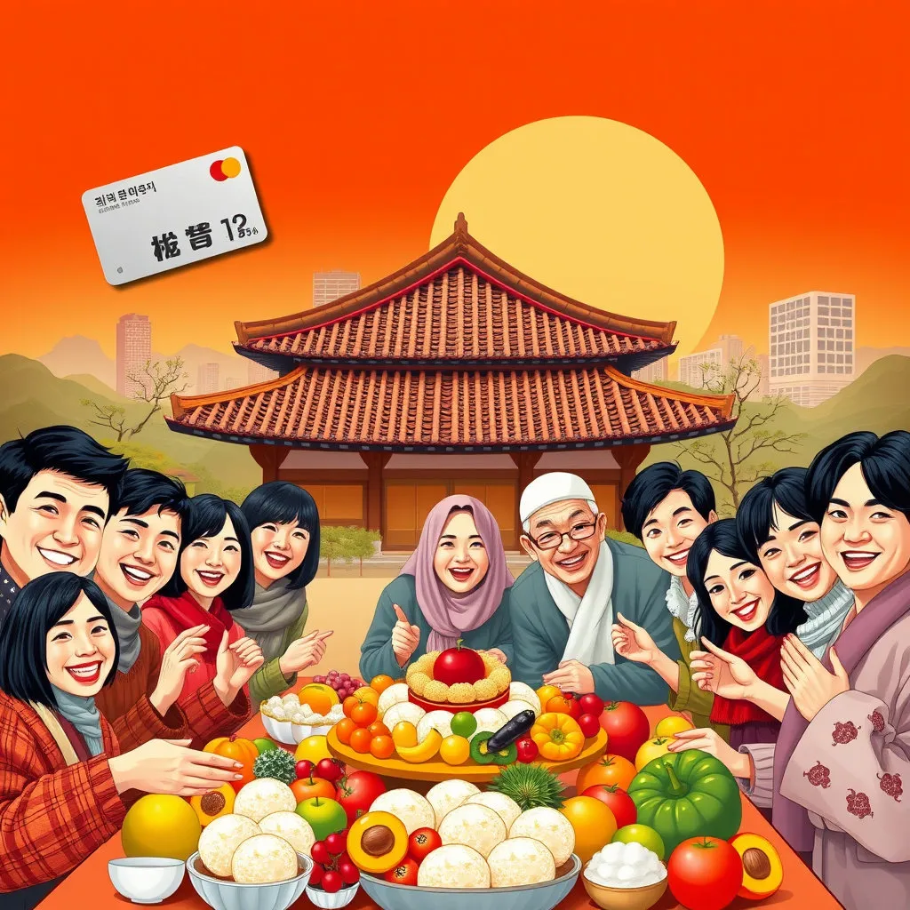한국 전통 가옥의 지붕선과 현대적인 도시 풍경이 어우러진 배경 아래, 여러 연령대와 다양한 계층의 사람들이 함께 환하게 웃으며 풍성한 송편과 과일을 나누는 모습입니다. 화면 한켠에는 지원금을 상징하는 카드가 놓여 있고, 전체적으로 따뜻하고 희망찬 분위기가 강조됩니다.