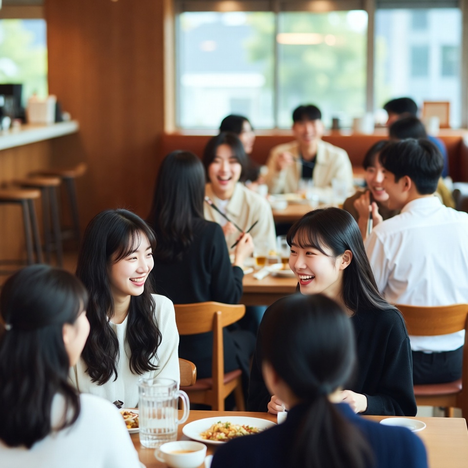 젊은 학생들이 식당에서 식사하는 모습