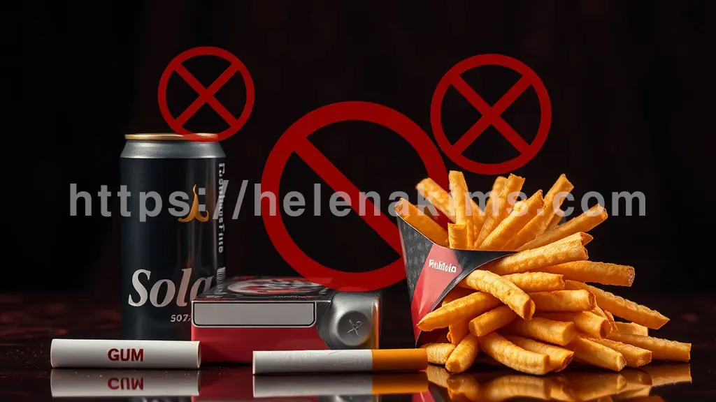 배경 중앙에 탄산음료 캔, 껌, 담배, 그리고 기름기가 번들거리는 감자 튀김 등 음식이 정교하게 배치되어 있다.