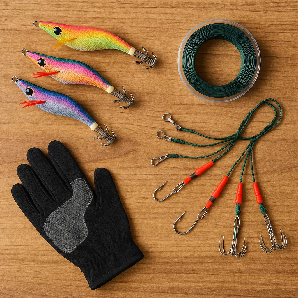 문어 애기&amp;#44; 합사줄&amp;#44; 함사줄이 놓인 낚시 채비 구성