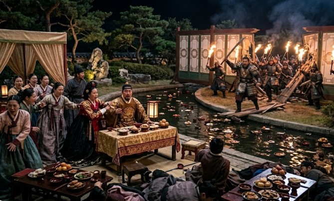 포석정 주변에서 술잔을 띄워놓고 흥청망청 술을 마시고 있던 왕과 왕비, 궁녀들 앞에 갑자기 견훤 등 백제군이 쳐들어 온 장면