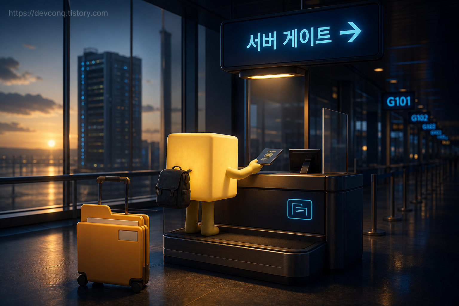공항 출국장에서 자바스크립트가 여권을 검사받고 서버 쪽 게이트로 향하는 장면
