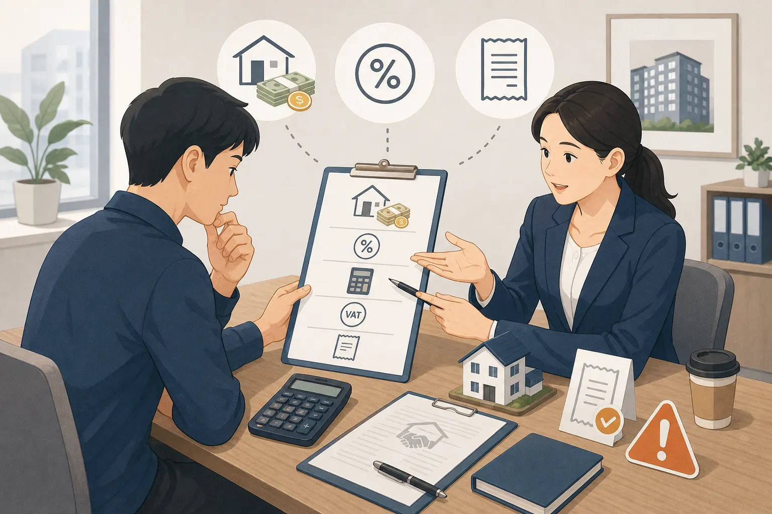 월세 중개수수료를 계약 전에 확인할 때 거래금액과 요율, 부가세와 영수증 기준을 중개사와 점검하는 장면