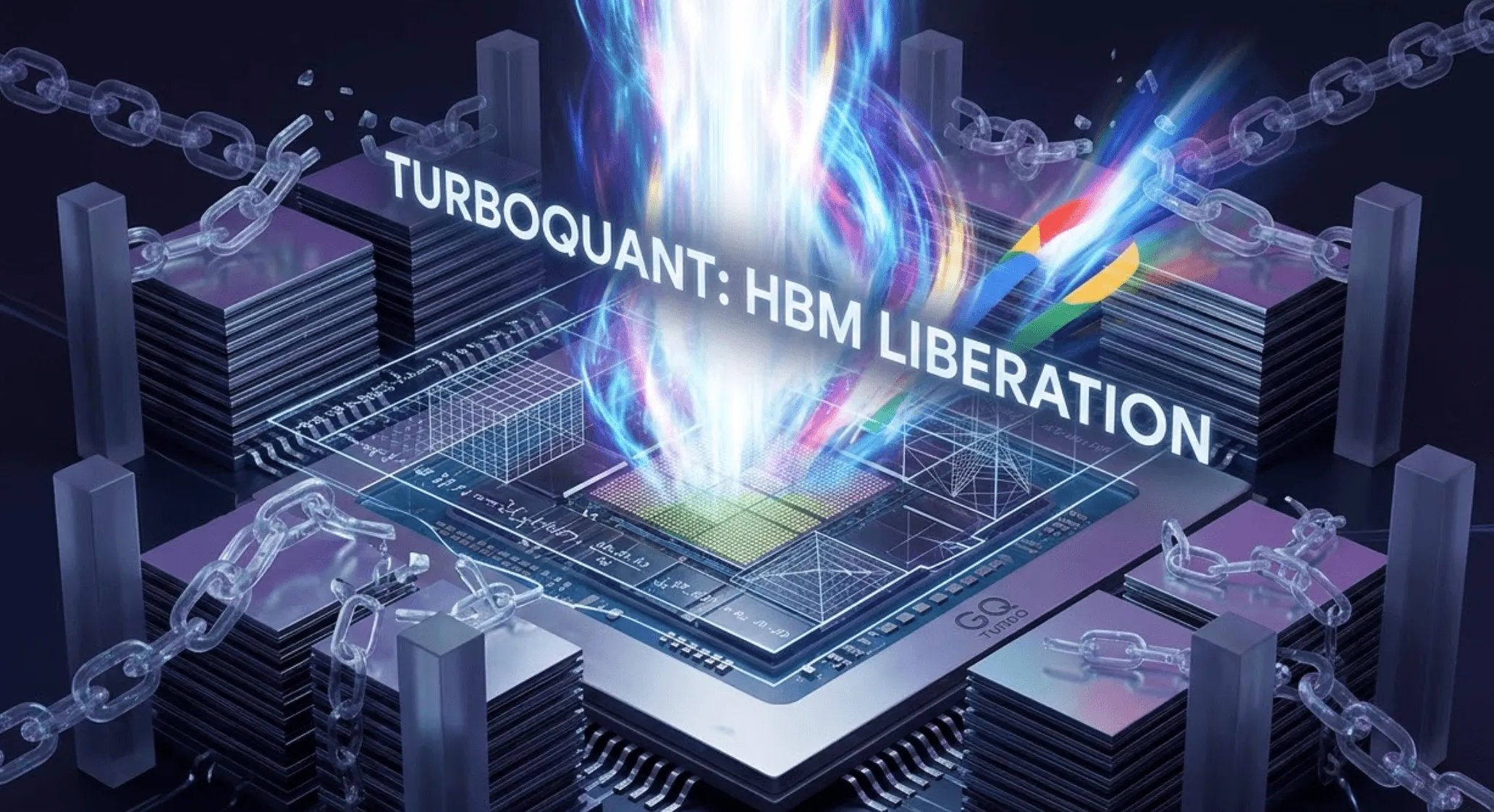 구글 터보퀀트: 미래적인 AI 칩셋 3D 렌더링 이미지입니다. 중앙의 고성능 프로세서 주변의 HBM 메모리 스택을 억압하던 무거운 사슬이 터보퀀트 holographic 패턴에 의해 끊어지고 있습니다. 칩셋 코어에서 터보 엔진처럼 강력한 수직 에너지 흐름이 뿜어져 나오며, 그 안에 'TURBOQUANT: HBM LIBERATION' holographic 텍스트가 명확하게 빛납니다. 하단에는 'AI Memory 6x Compression Principle' 정보가 표시됩니다. 차가운 블루와 퍼플 톤의 배경이 기술의 전문성을 강조합니다. (google-turboquant-hbm-liberation-ai-chip-memory-compression)