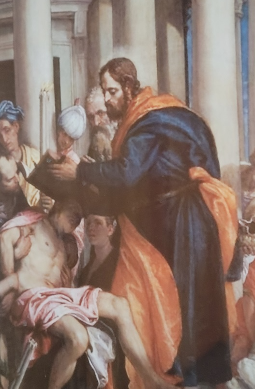 바르나바 성인이 마태오 복음서로 병자를 치료하는 모습 (청주 모충동성당에 있는 그림입니다.)