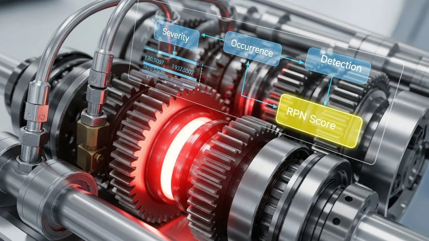 FMEA 분석을 통해 잠재적 고장 위험을 식별하는 과정을 상징하는 이미지. 복잡한 기어 시스템 속 붉게 빛나는 부분에서 심각도, 발생도, 검출도를 통한 RPN 계산으로 리스크를 관리하는 모습.