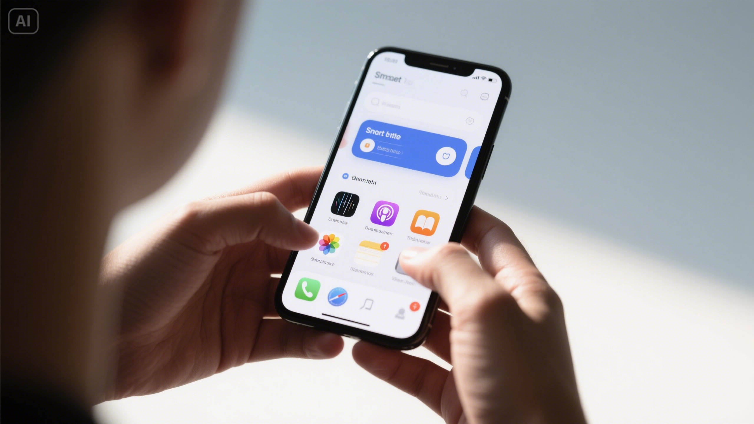 아이폰을 들고 다양한 앱을 사용하는 손, 스마트하고 깔끔한 인터페이스가 보이는 화면, 밝은 조명, 배경은 심플하고 현대적인 테크 감성