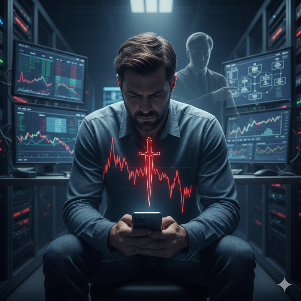 A powerful image symbolizing loss aversion in investing. A deeply focused investor sits in a dark server room looking at a smartphone, while multiple monitors display stock charts. A dramatic red downturn curve is visually superimposed, piercing his chest like a dagger, representing the intense pain of loss. 어두운 서버실/관제실에서 투자자가 고뇌에 찬 표정으로 앉아 스마트폰을 보고 있다. 여러 개의 모니터에 주식 차트가 표시되어 있으며, 투자자의 가슴에 붉은색 하락 곡선이 단검처럼 꽂히는 시각적 은유를 통해 손실 회피 심리를 강렬하게 나타낸 이미지.