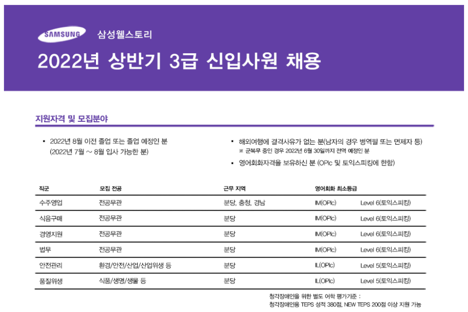 삼성웰스토리 채용 - 3급 신입사원