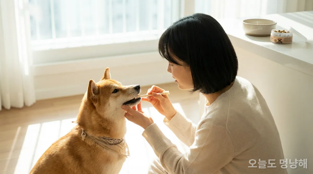 한국인 보호자가 반려동물 치아 관리 등 예방 관리를 하는 모습