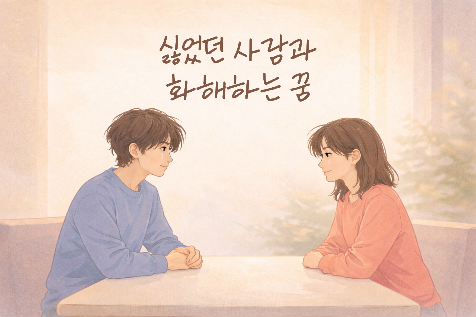 어색하지만 부드럽게 마주한 두 사람이 화해하는 장면 일러스트