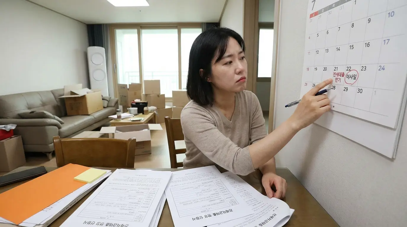 이사를 앞두고 달력의 날짜를 체크하며 전세대출 연장 문제를 고민하는 세입자의 모습