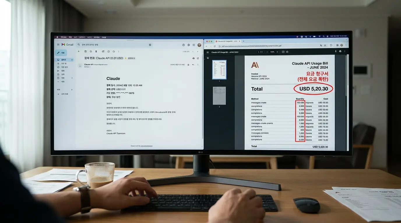 클로드 API 0.01달러 정상 결제 내역과 50달러 요금 폭탄 청구서의 처참한 비교 화면