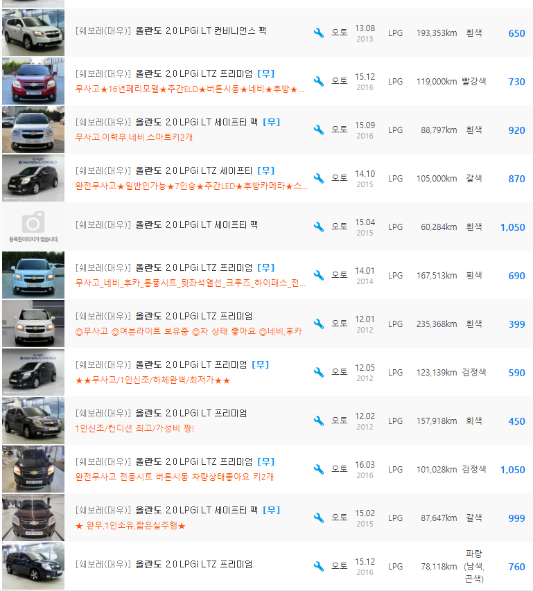 올란도 2.0 LPGi 등급 중고차 시세 : 380만원 ~ 1,350만원