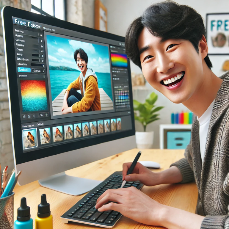 A cheerful user editing a photo on a computer using a free image editor, with visible before-and-after results, vibrant colors and clear comparison