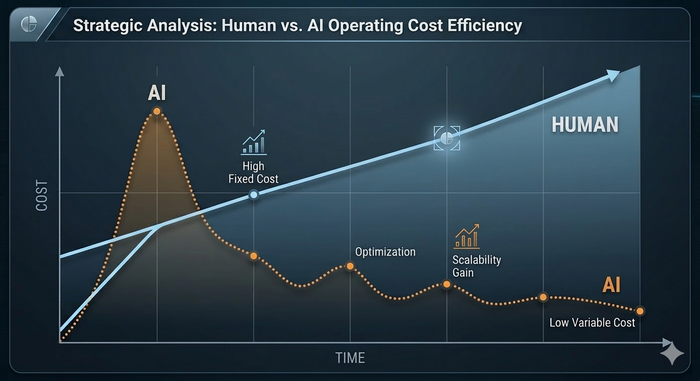 2024년부터 2030년까지의 기업 운영 비용 변화 분석 그래프. 우상향하는 인간 노동 비용(Human Labor Cost)과 하락 후 안정화되는 AI 운영 비용(AI Operation Cost)의 교차 지점을 시각화한 전략적 데이터 차트.