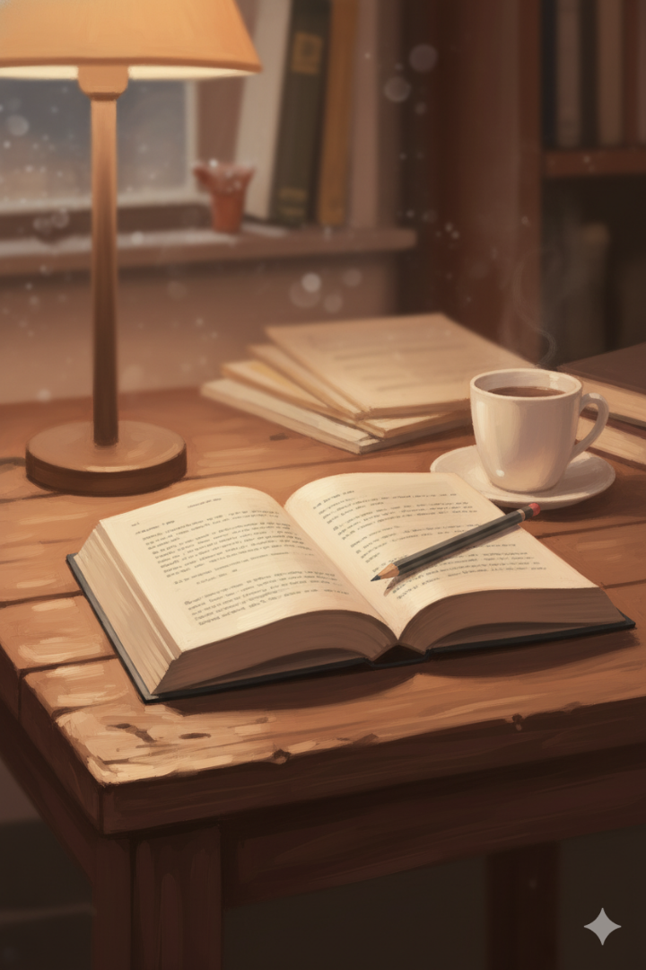 따뜻한 색감의 조명 아래 펼쳐진 책과 연필