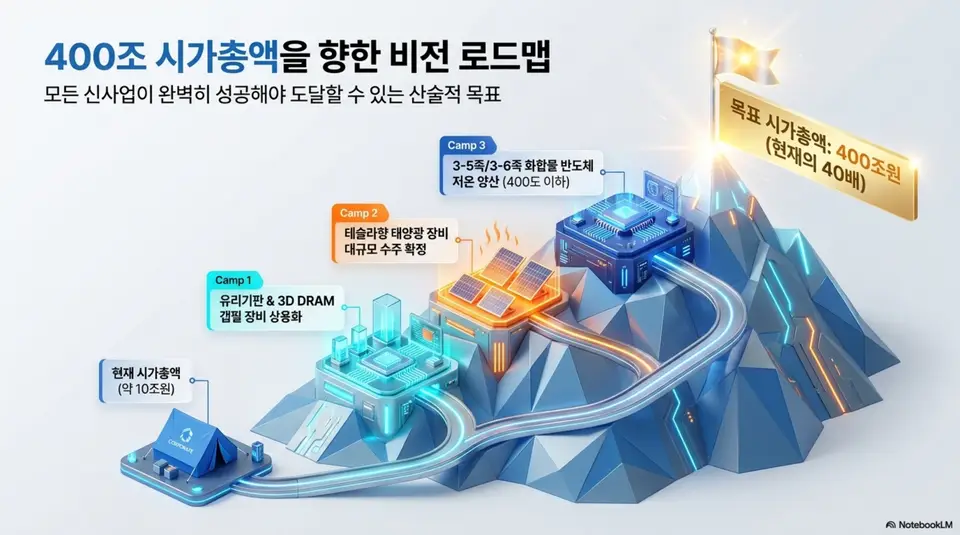 주성엔지니어링 주가 전망: 주성엔지니어링의 400조 시가총액 비전 로드맵을 산 등반으로 표현한 인포그래픽. 현재 시가총액 약 10조원에서 출발하여 캠프1 유리기판과 3D DRAM 갭필 장비 상용화 캠프2 테슬라향 태양광 장비 대규모 수주 확정 캠프3 화합물 반도체 저온 양산을 거쳐 정상의 목표 시가총액 400조원 현재의 40배에 도달하는 단계별 경로를 보여준다 