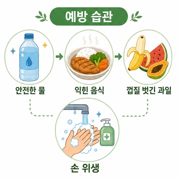 밀봉 생수와 익힌 음식, 껍질 벗긴 과일, 손 씻기로 여행자 설사 예방법을 설명한 이미지