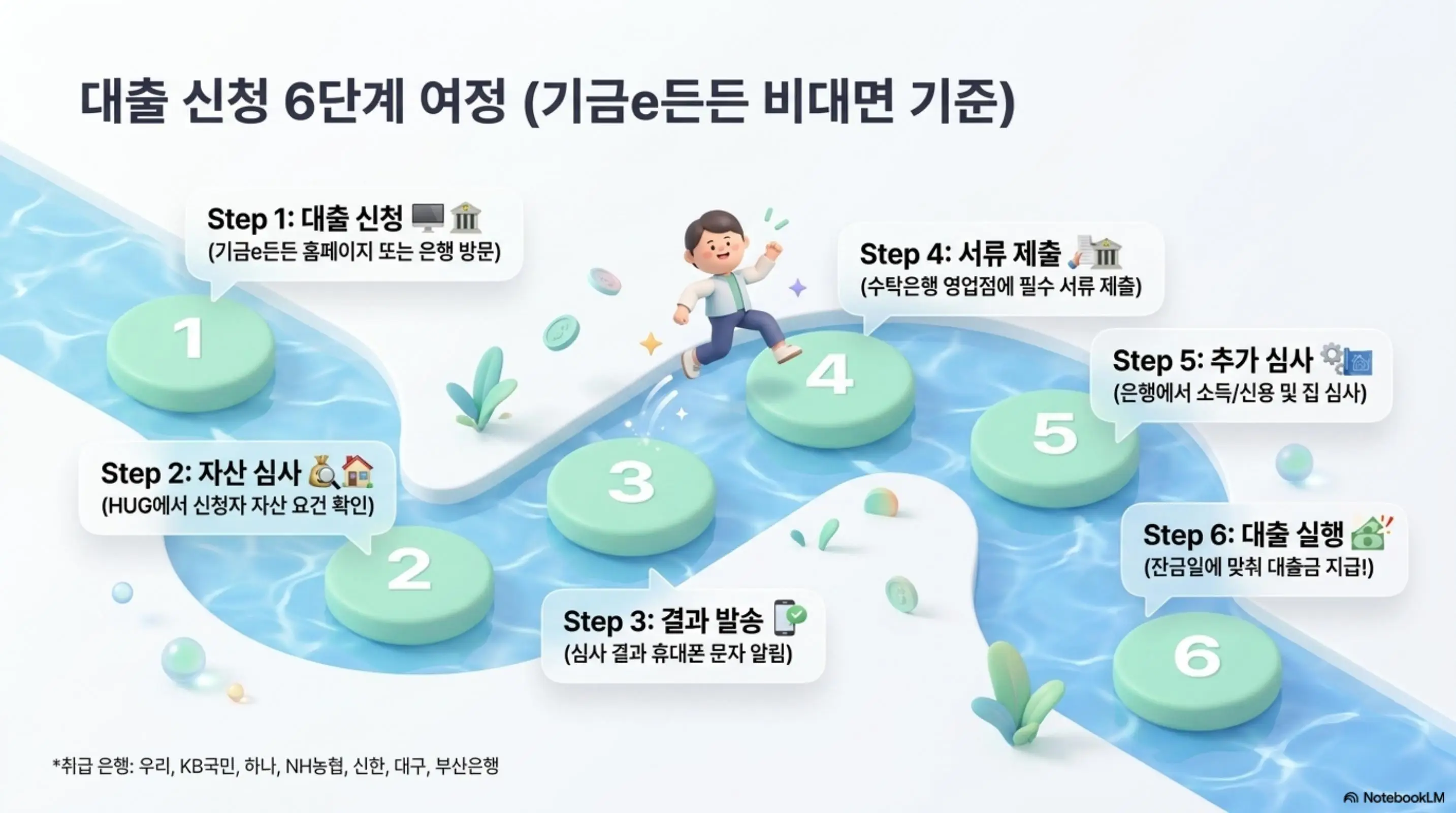 청년버팀목전세대출 신청 절차 6단계를 여정 형태로 시각화한 인포그래픽. 대출 신청(기금e든든 또는 은행 방문)부터 자산 심사(HUG) 결과 발송 서류 제출 추가 심사 대출 실행까지의 과정을 단계별로 안내하며 취급 은행(우리 KB국민 하나 NH농협 신한 대구 부산은행) 정보를 포함함