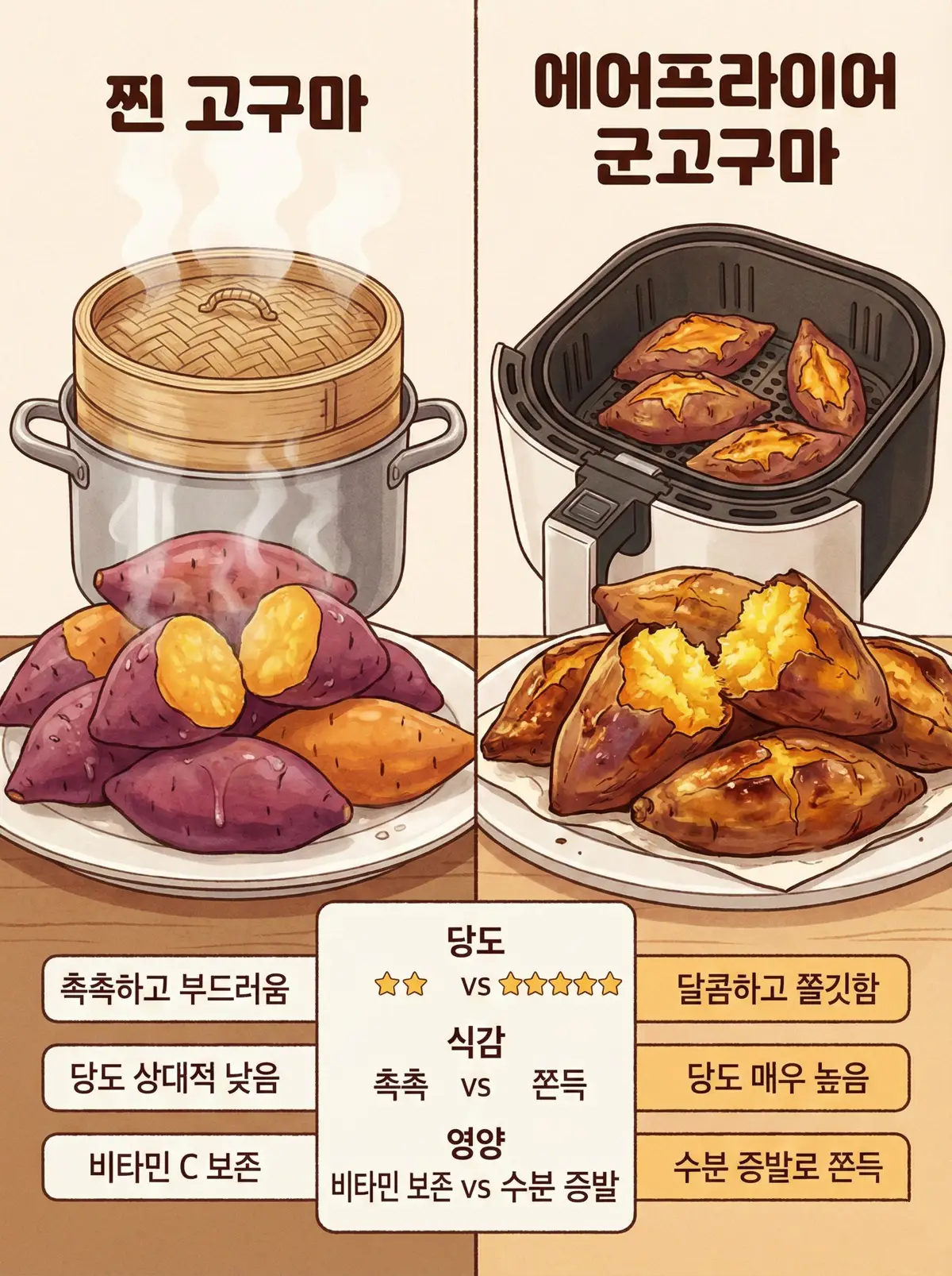 김이 모락모락 나는 찐 고구마와 에어프라이어에서 구운 군고구마를 비교하는 인포그래픽