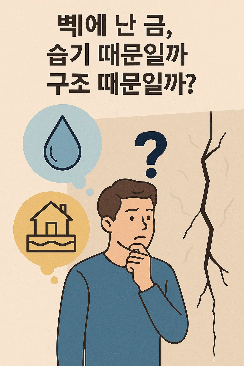벽에-난-금의-원인을-고민하는-남성과-습기와-구조를-상징하는-아이콘이-함께-표현된-일러스트
