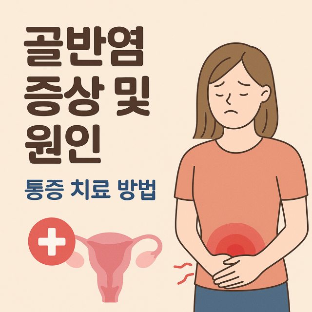 골반염 증상과 원인, 통증 치료 방법을 설명하는 대표 이미지로 여성 건강과 의료 아이콘이 포함된 디자인