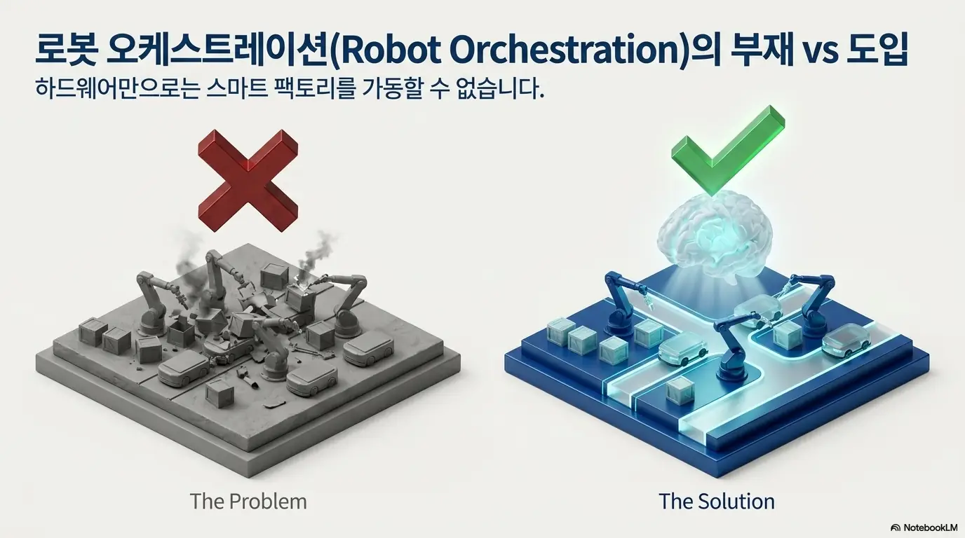 현대오토에버 주가: 로봇 오케스트레이션이 없는 혼란한 공장과 도입된 스마트 팩토리를 대비해&amp;#44; 하드웨어만으로는 공장을 가동할 수 없고 로봇 운영 소프트웨어가 필수임을 보여주는 이미지. 블로그의 현대오토에버 로봇 운영 소프트웨어 수혜와 관련된 내용을 설명함.