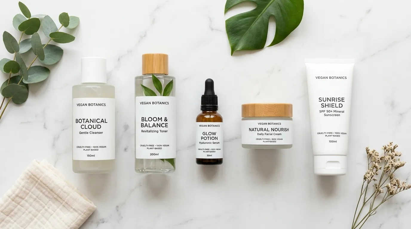 비건 스킨케어 제품들이 대리석 위에 플랫레이로 배치된 루틴 구성