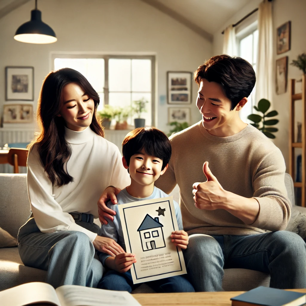 밝고 아늑한 거실에서 학교 과제를 부모에게 보여주는 아들, 아들의 손을 잡으며 자랑스러워하는 어머니와 격려의 엄지손가락을 들어 보이는 아버지, 자연광과 따뜻한 인테리어가 어우러진 신뢰와 사랑의 장면.