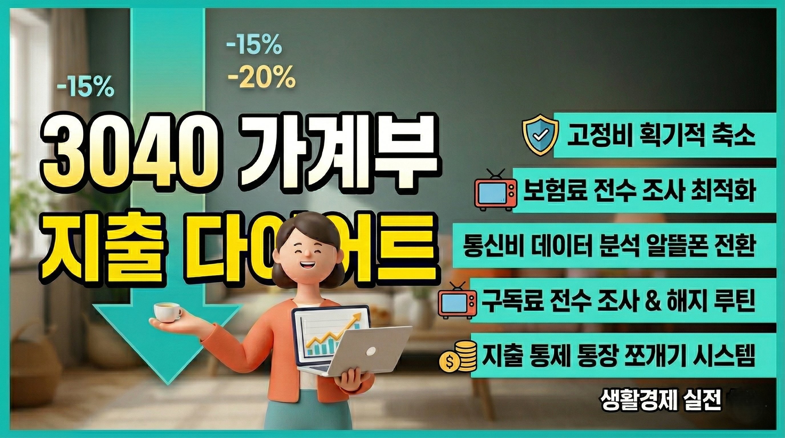 3040 가계부 지출 다이어트 고정비 절약 50만 원 수익 보험료 통신비 알뜰폰 구독료 통장 쪼개기 시스템 루틴 실전 시리즈 썸네일 인포그래픽